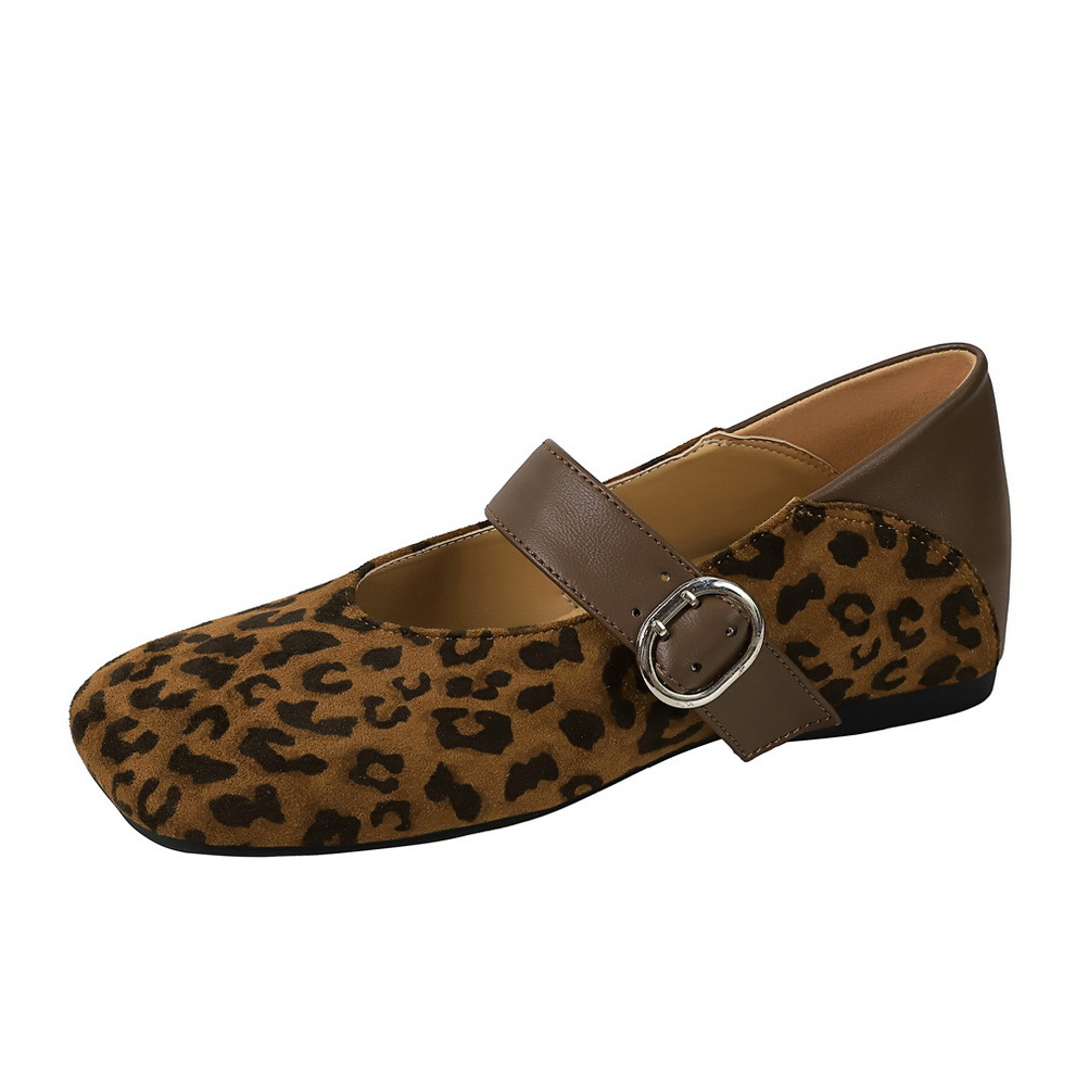 8866-2 square headed leopard print color blocked Mary Jane shoes with a raised buckle inside, single shoe, casual evening style commuting women's shoes