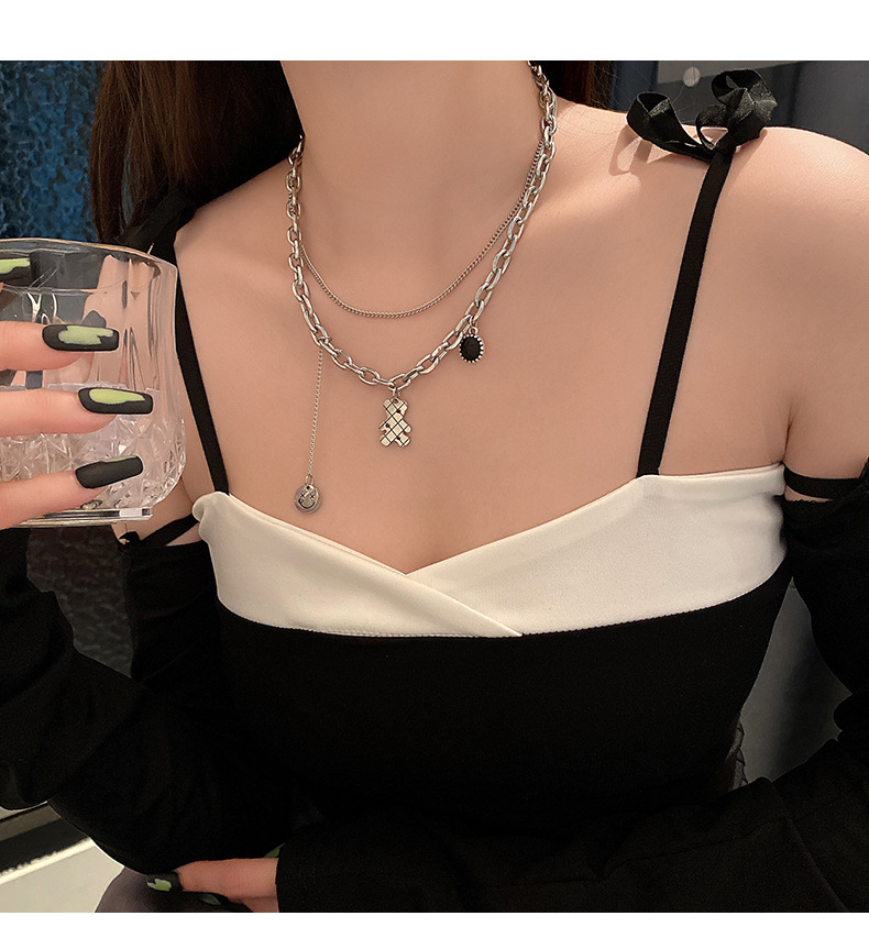 Double Layered Necklace Titanium Steel Teddy Bear Pendant Minimalist_voghion.com
