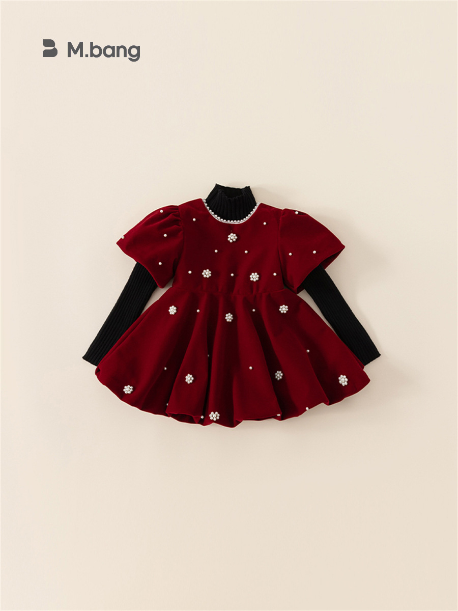 Youbao ropa para niños primavera y otoño vestido de niña otoño vestido rojo perla vestido de princesa ropa de actuación para niños falda para niños