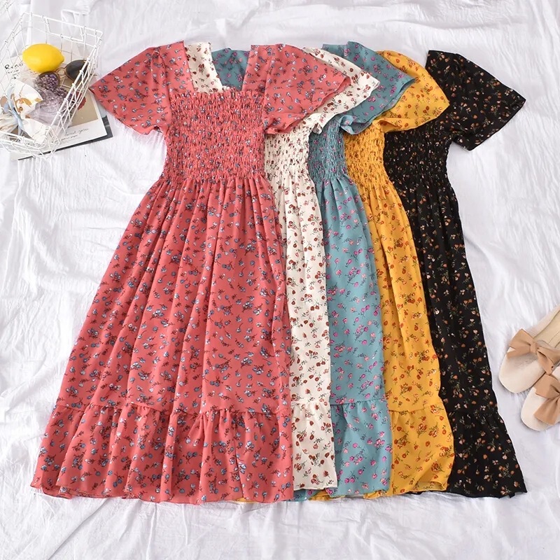 2026 Summer Korean Style New Vintage Versatile Square Neck Floral Print Slimming Ruffle Dress for Women