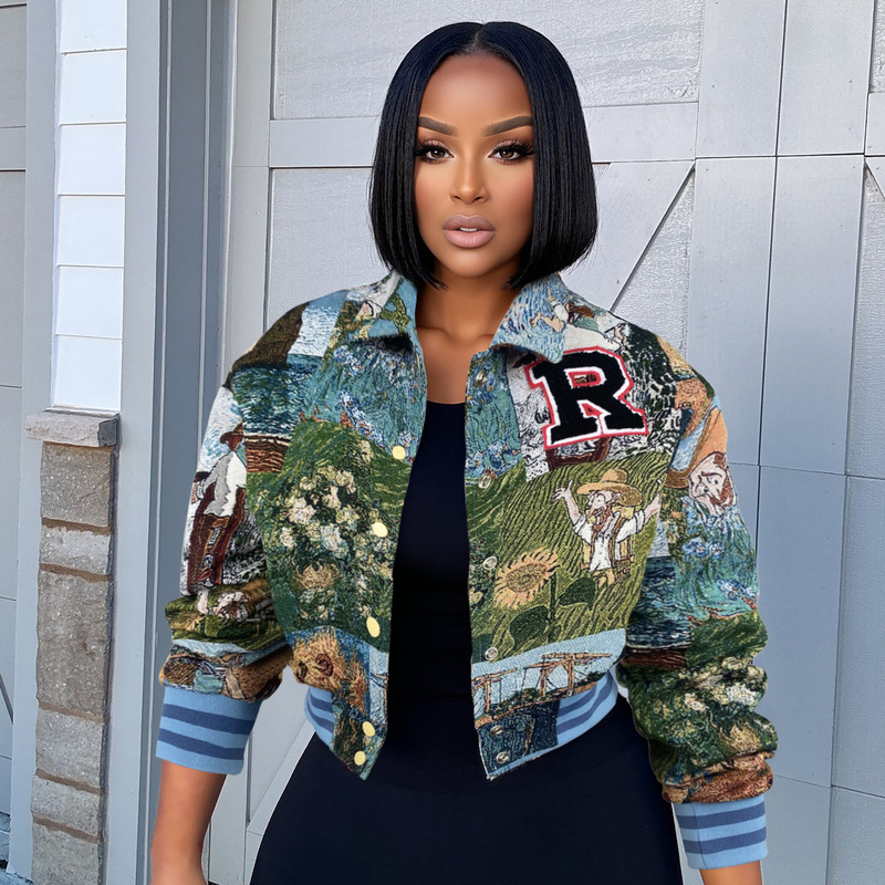Women's Retro Printed Baseball Jacket Autumn Winter New Loose Short Coat Export Cross-Border Hot-Selling Style