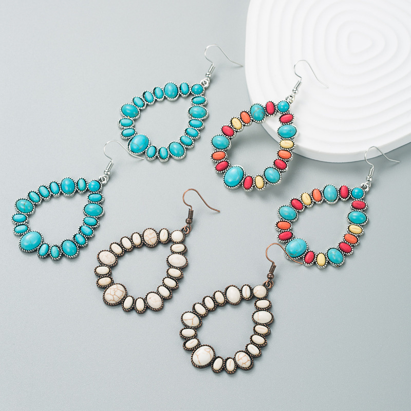 European and American fashion exaggerated cross-border supply alloy color earrings turquoise geometric luxury long earrings for women European and American fashion exaggerated cross-border supply alloy color earrings turquoise geometric luxury long earrings for women