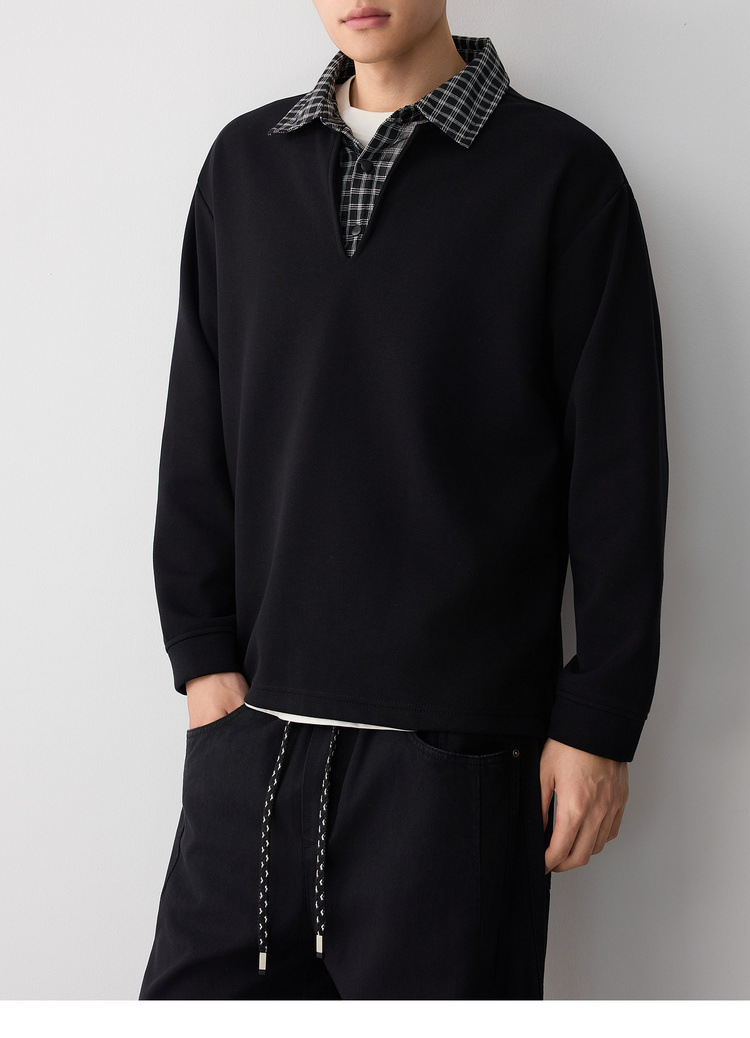 Áo hoodie nam nỉ hai lớp cổ lạnh kiểu giả hai lớp — đen chi tiết 22
