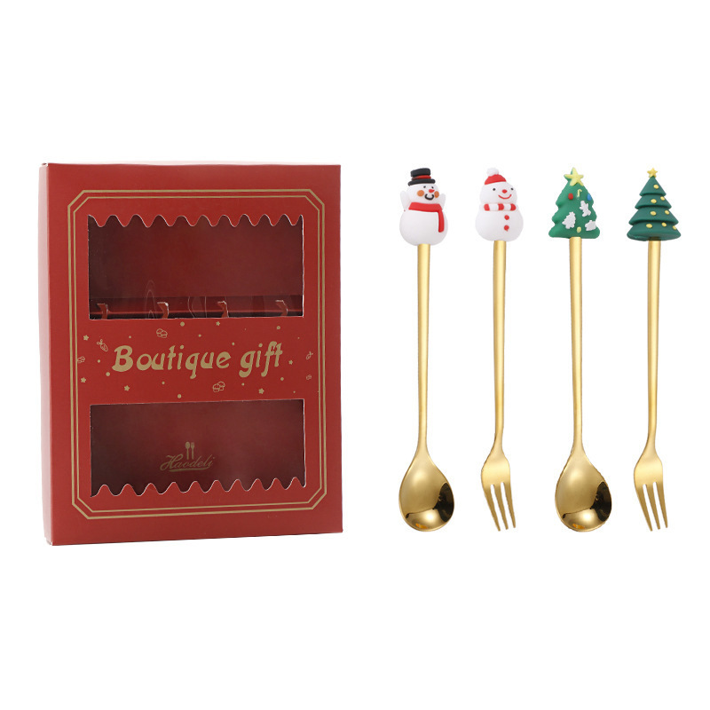 クリスマススプーンセット クリスマス食器ギフト2点セット デザートスプーンとフォーク サンタクロースとトナカイのフィギュア付きスプーン|undefined