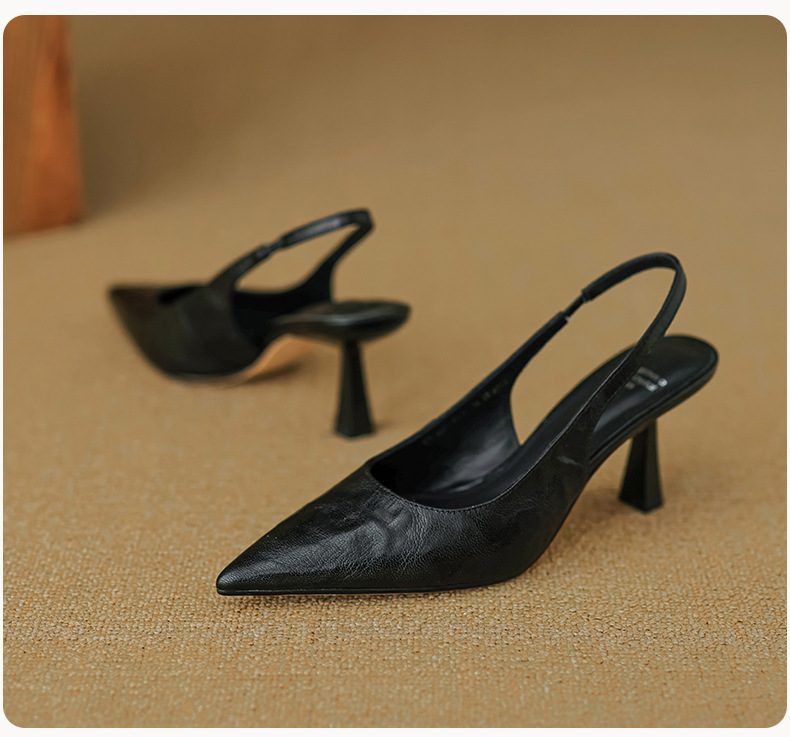 Sandal cao gót nữ mũi nhọn hở gót, da cừu, phong cách Hàn Quốc đơn giản — đen chi tiết 24