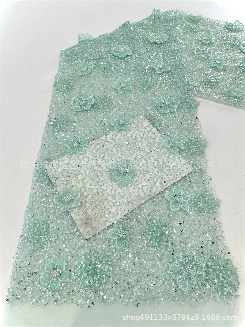 Moda full sequinilla tubo de perlas bordado tela de encaje estereoscópico mano calcomanías tela de vestido de boda alta fijación