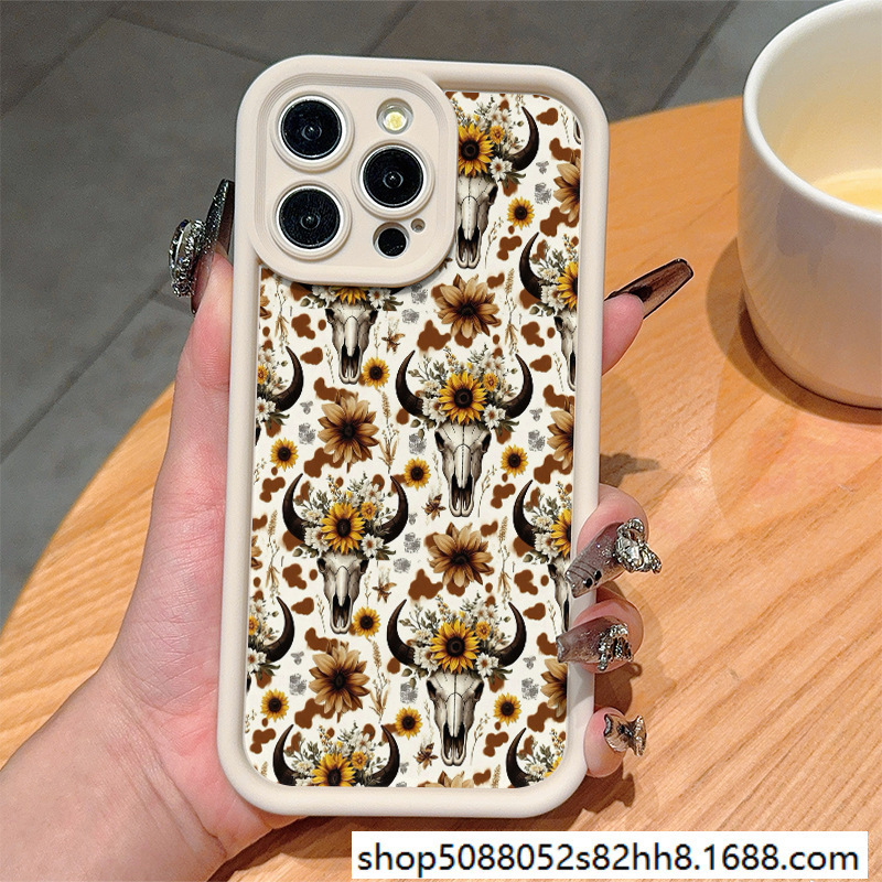 Western Bull Head Flowers Suitable for Apple 15/14/13 Promax Mobile Phone Case iPhone 12/11 Soft Bag Xr/Xs