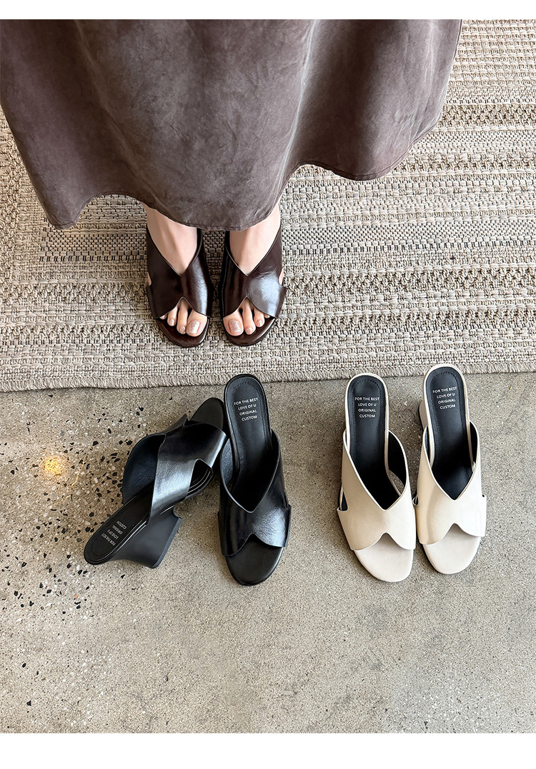 Sandal cao gót nữ hở mũi quai ngang da thật gót 8 cm — màu nâu, màu đen, màu trắng chi tiết 20