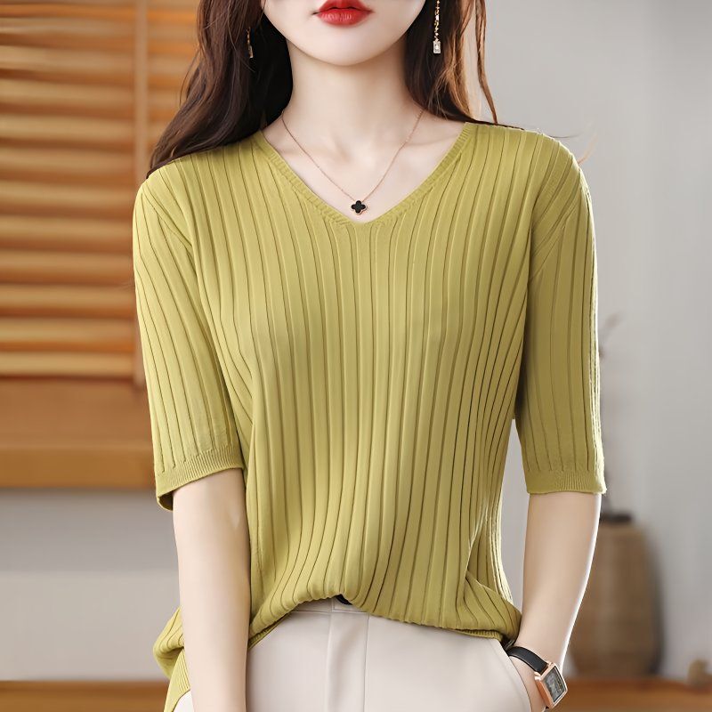 V-Neck Base Knit Sweater for Women, Simple Versatile Mid-Sleeve Sweater, Spring and Autumn Thin Style, Inner and Outer Wear T-Shirt, Quarter-Sleeve Top for Women