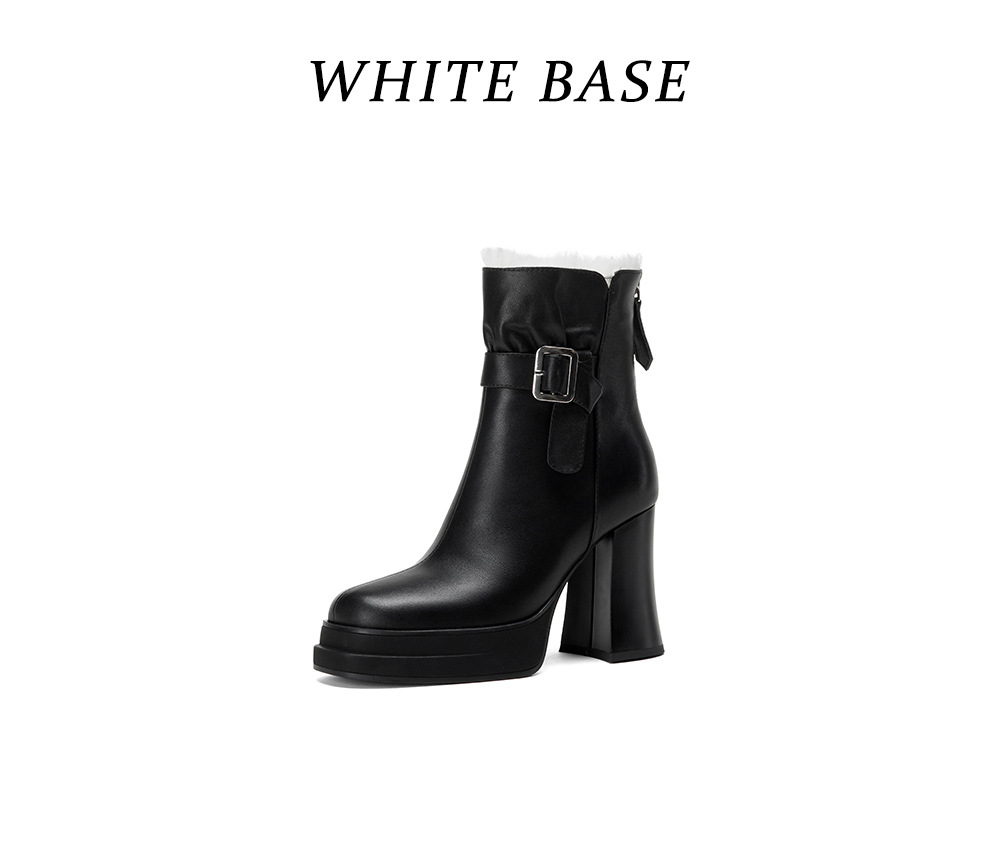Boot nữ cổ thấp mũi vuông siêu cao gót da bò lót lông cừu ấm áp — màu đen chi tiết 22