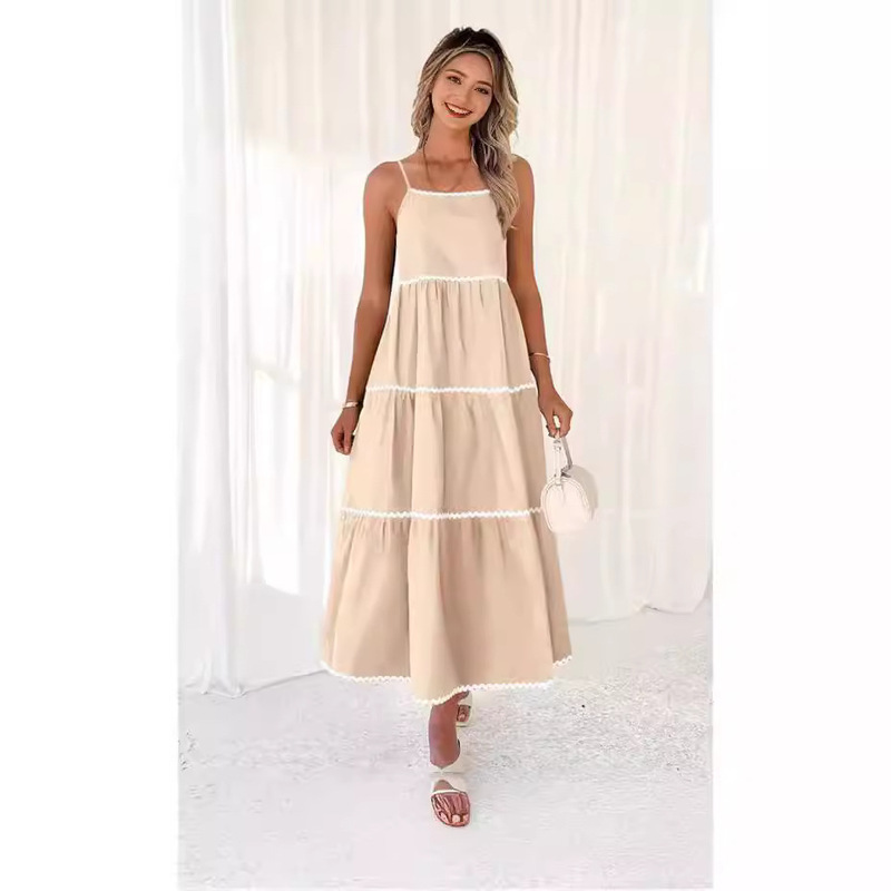 Strap Backless RIC RAC Trim Layered A- Line Casual Long Swing Sun Dress