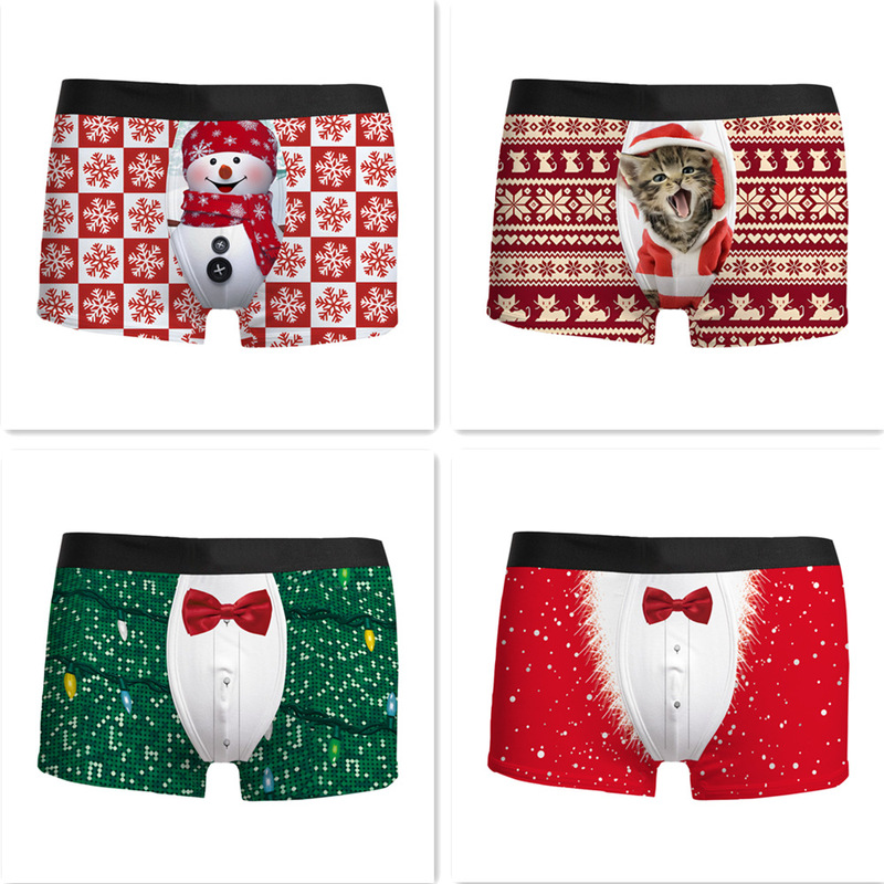 2022 Cross-Border Hot-Selling Christmas 3D Printed Men's Underwear, Breathable, Comfortable, Fashionable, Mid-Waist Boxer Briefs