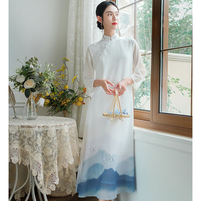 Chinese Dress qiapo retro cheongsam dress for women girls Chinese style dress female folk hand-painted cheongsam modified printing female summer dress