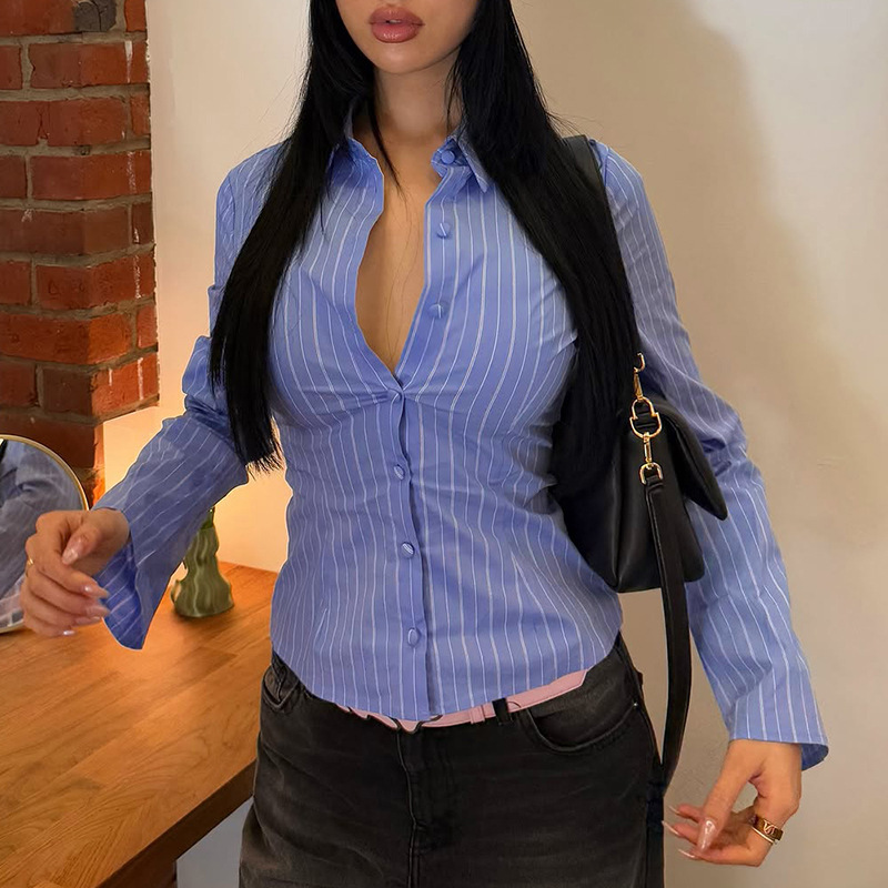 Yl25301 European and American Style Stand-Up Collar Button Stripesd Shirt for Women 2025 Autum New Slim Fit Versatile Sexy Long Sleeves Yl25301 European and American Style Stand-Up Collar Button Stripesd Shirt for Women 2025 Autum New Slim Fit Versatile Sexy Long Sleeves