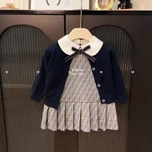 英伦学院风！女童秋季套装针织开衫娃娃领背心裙两件套31091