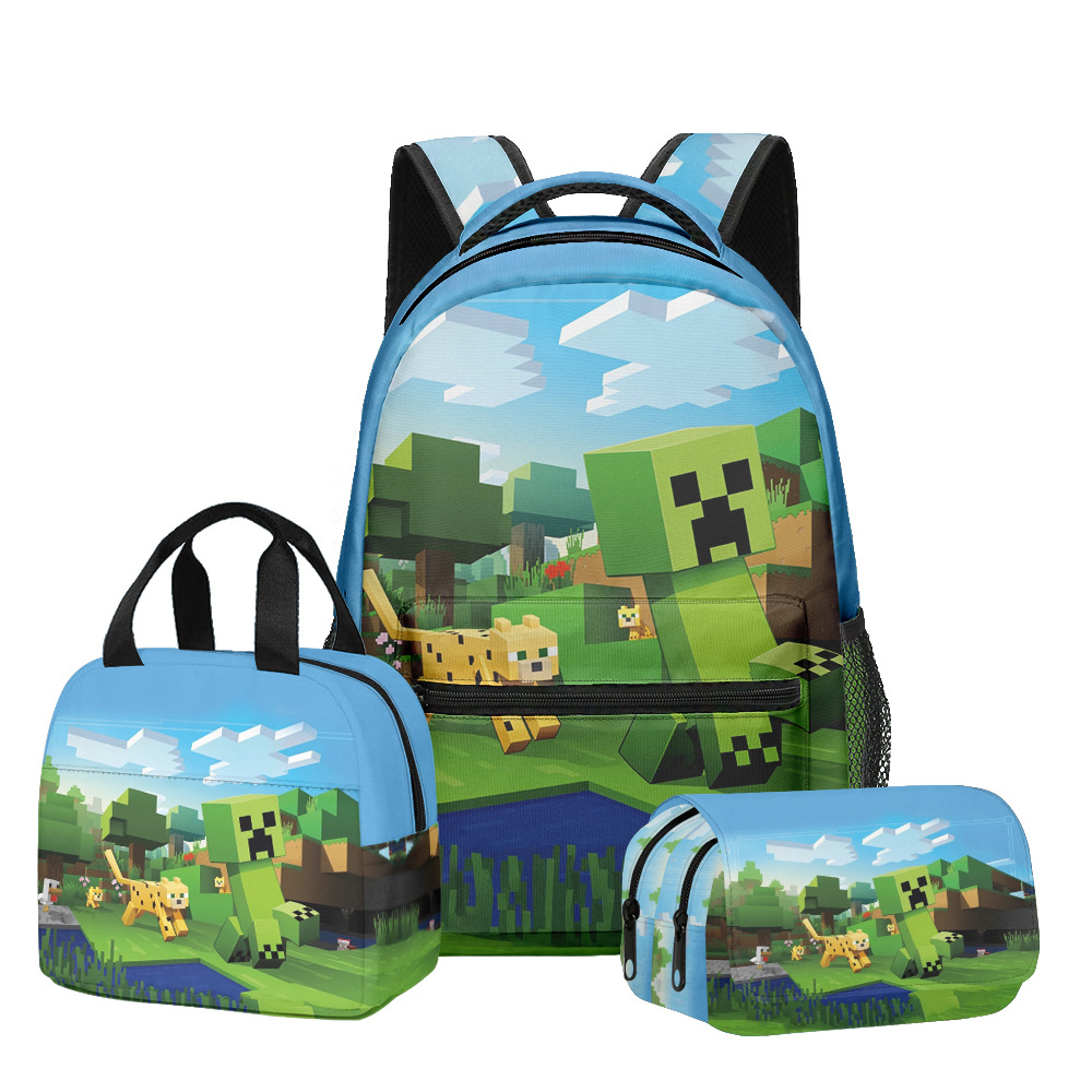 Nuevo producto 3D My World Minecraft mochila de estudiantes de primaria y secundaria bolsa de almuerzo bolsa de bolígrafo doble tres piezas set