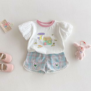 Girls Puff Sleeve T-shirt 2025 New Summer Baby Girl Cartoon Doll Shirt Trendy Children's Embroidered Plaid Shorts