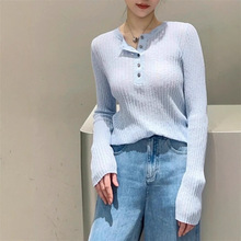 25新款原单纱薄款5粒扣竖坑条修身圆领棉麻长袖针织衫