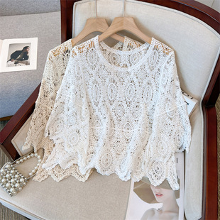 Plus Size Fat mm Summer New Retro Knitwear Women's Loose Pullover Blouse Cut Out Versatile Sun Protection Top