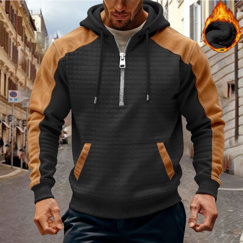 Cross-Border Autumn and Winter New Men's Color-Blocked Hoodies Fleece Warm Tactical Sweatshirts Pullover Zipper Long-Sleeved Men's Clothing