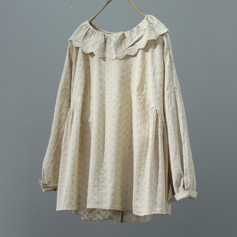 Sweet Large Lace Collar Loose Pure Cotton Embroidered Age-Reducing Shirt for Women, New Spring Collection, Back-Buttoned Oversized Babydoll Shirt