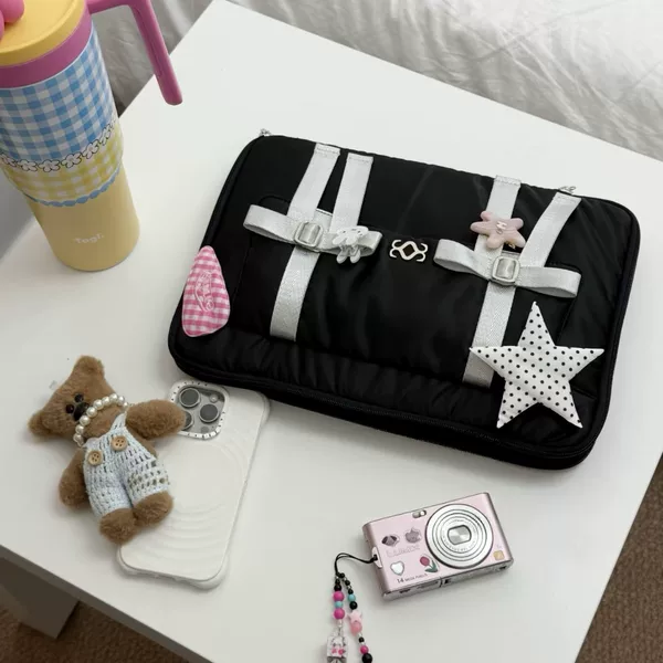 Korean SIWEOL Bowknot Computer Bag Cute Storage Bag Tablet Laptop Shockproof Bag Black Large Capacity