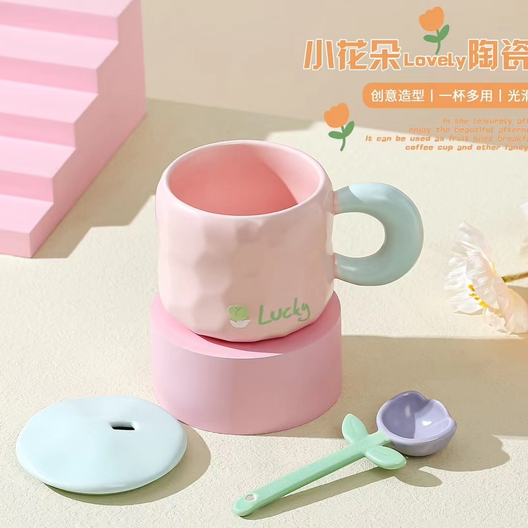 Día del maestro regalo Taza de cerámica de alto aspecto con tapa cuchara caja de regalo tulipán flor taza de café corazón de la niña