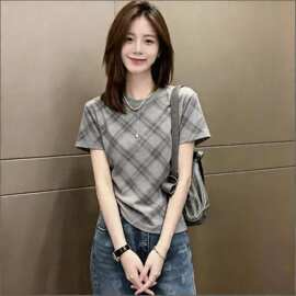轻奢英伦格纹正肩短袖恤女春夏宽松显瘦灰色棉休闲百搭上衣女潮