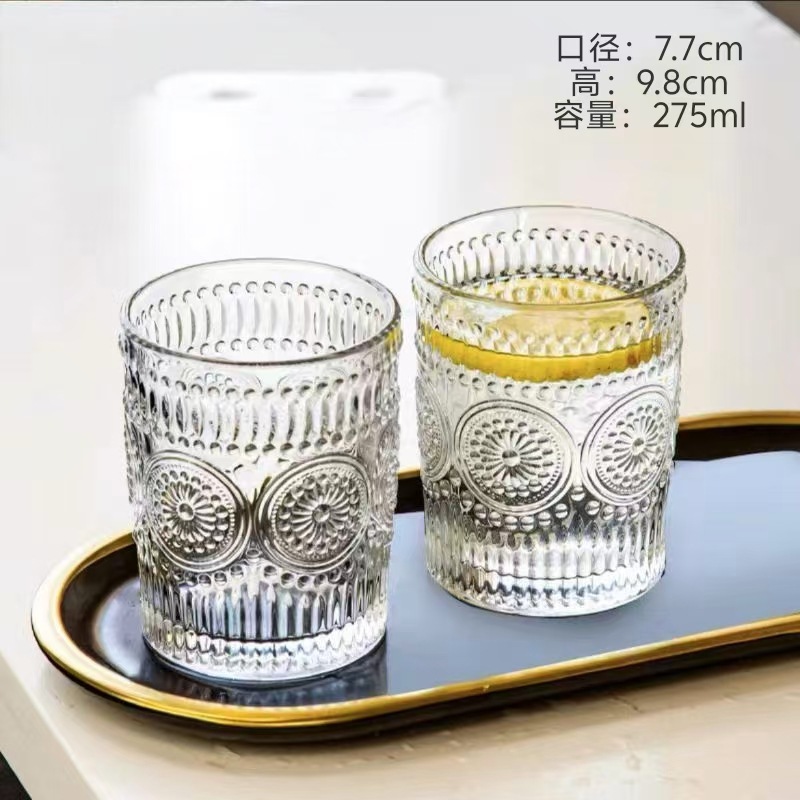 Taza de cristal de flores de sol retro red taza de agua en relieve de alto valor de la cara taza de café taza de leche de avena con mango taza de agua