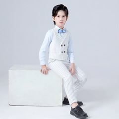 Children's Set Korean Style White Striped Double Breasted Vest Three Piece Suit Boy Gentleman Piano Hosting Performance Dress