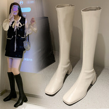 白色高筒靴女2023年春秋款方头高跟长靴小个子不过膝显瘦瘦骑士靴