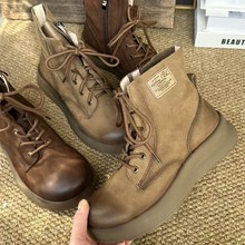 增高4cm厚底马丁靴头层牛皮系带侧拉链靴子女真皮休闲复古短靴