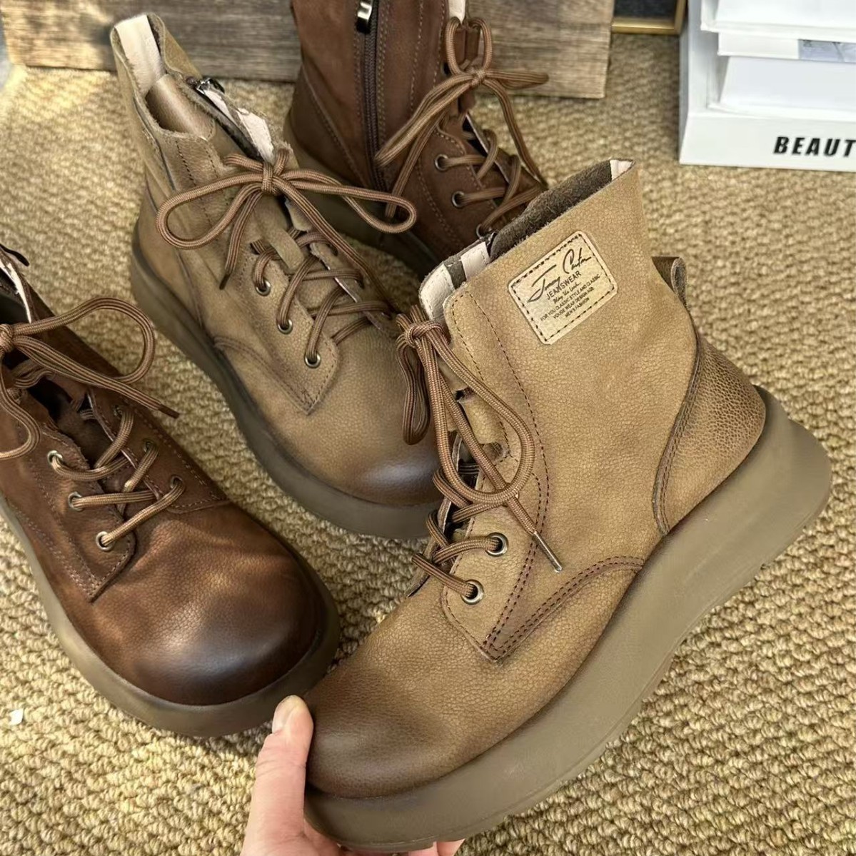 增高4cm厚底马丁靴头层牛皮系带侧拉链靴子女真皮休闲复古短靴