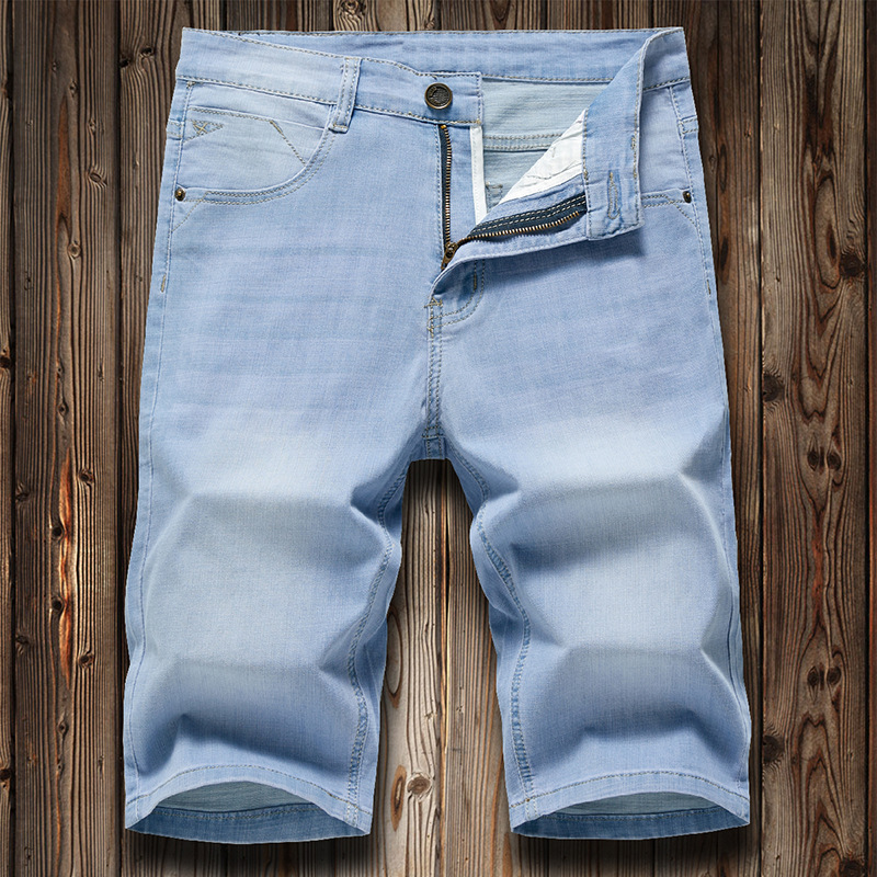 Summer thin Denim shorts men's business straight elastic five-point pants light blue casual trendy breeches wholesale