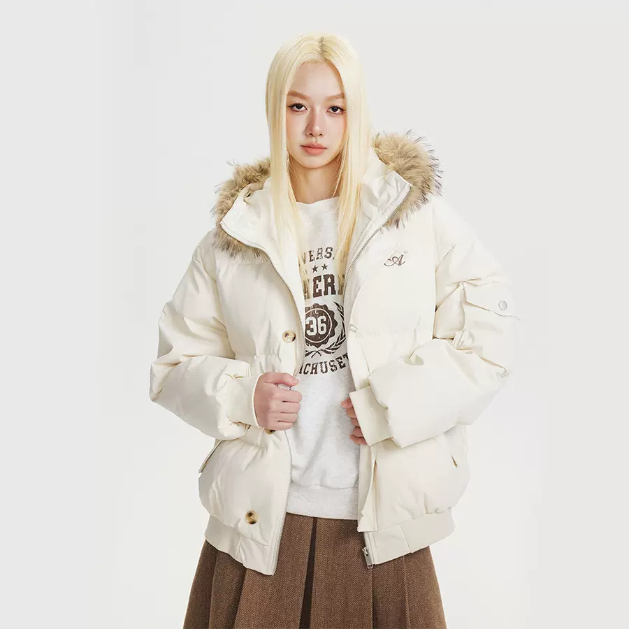 CATTEE美式复古90白鸭绒毛领连帽羽绒服男女冬季防寒保暖短外套潮