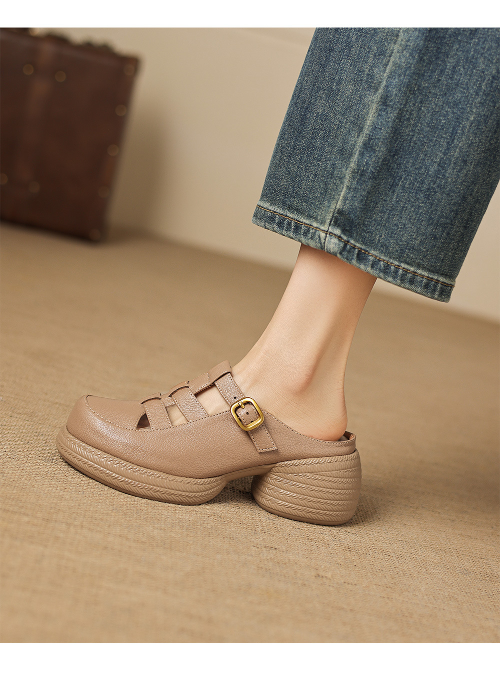 Sandal cao gót nữ mũi hở đế dày da cừu kiểu dệt lỗ — màu trắng ngà chi tiết 9