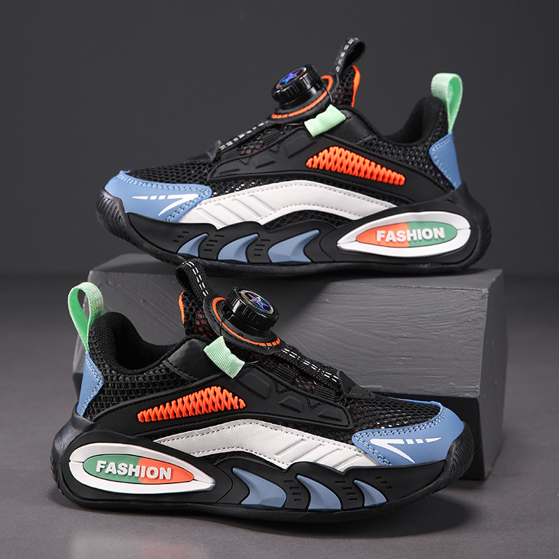 Sportschuhe aus Leder für Kinder mit drehbaren Knöpfen, fleecegefüttertem, baumwollgepolstertem Mesh-Obermaterial für Jungen und Mädchen (Frühlingsmodell)_voghion.com