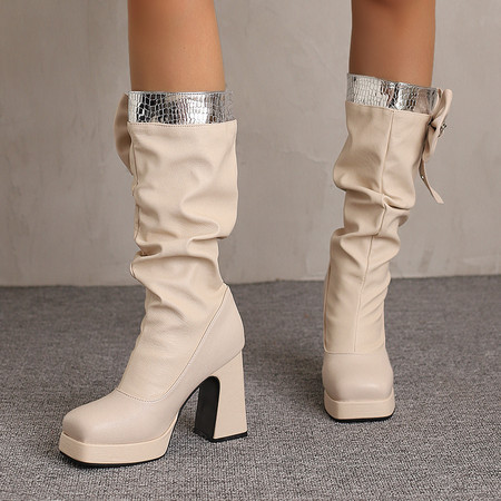 跨境外单2025年秋冬新品舒适厚底40-48大码英伦风方头中筒女士靴