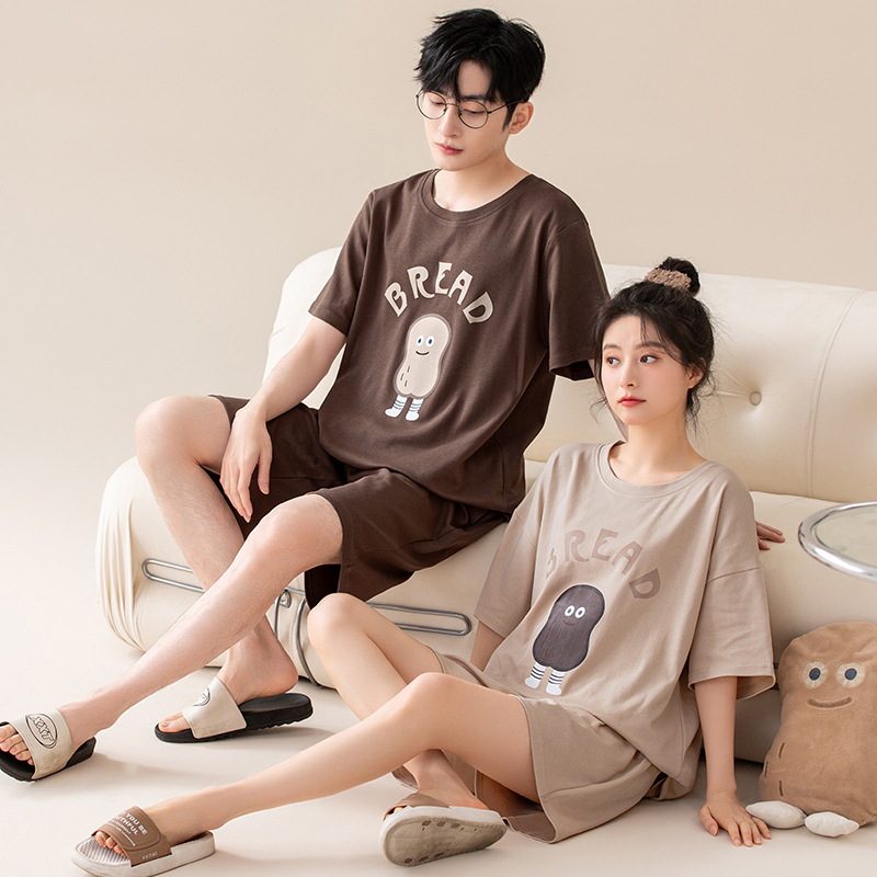 [Antibacteriano] Pijamas de pareja de verano de algodón puro para hombres y mujeres de manga corta de dibujos animados lindo casual se puede usar fuera del traje de servicio a domicilio