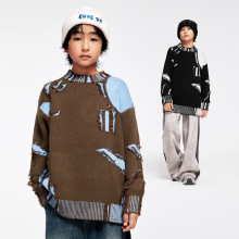 DK童装冬季新款女男童破洞拼接保暖毛衣中大童儿童宽松上衣针织衫