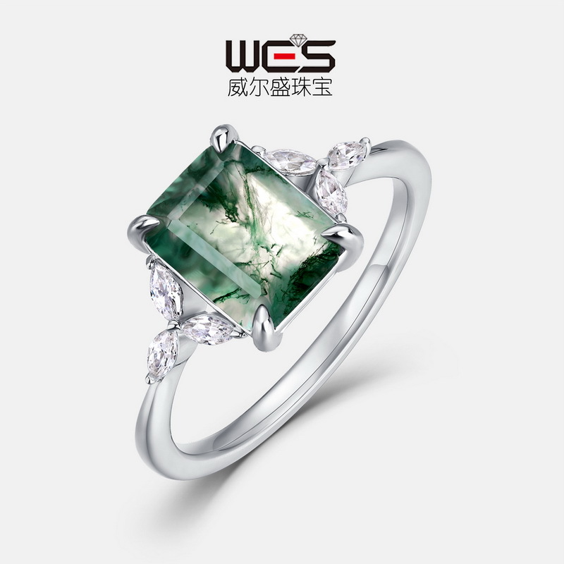 Anillo de ágata de hierba de agua natural geométrica transfronteriza europea y americana S925 Anillo de dedo de musgo verde plateado Personalización simple y atmosférica
