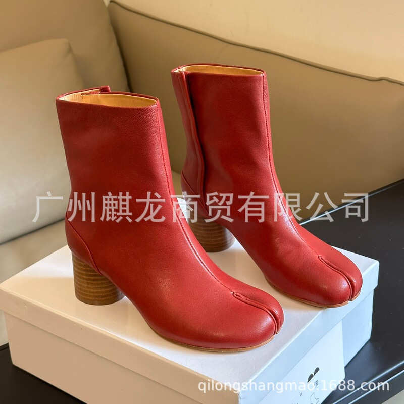 高端2025秋冬真皮复古粗跟分趾马丁靴猪蹄切尔西靴短靴显瘦单靴女|undefined