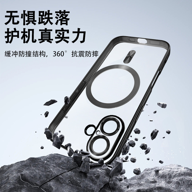 Aplicable a la carcasa del teléfono móvil Apple 16 galvanoplastia transparente con succión magnética con película de lente Funda protectora todo incluido iPhone15ProMax