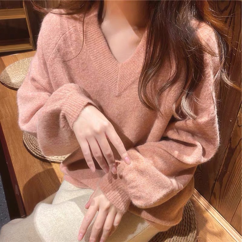 Pink V-neck Loose Sweater Women Winter Long Sleeve