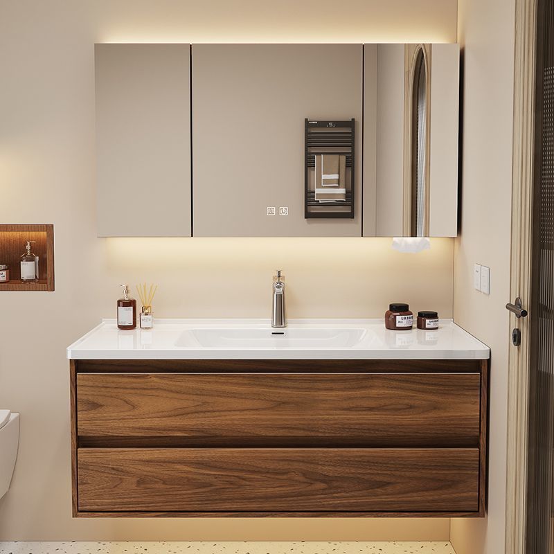 New walnut wood color double-drawer bathroom cabinet, bathroom washbasin and washbasin set with ceramic integration details Picture