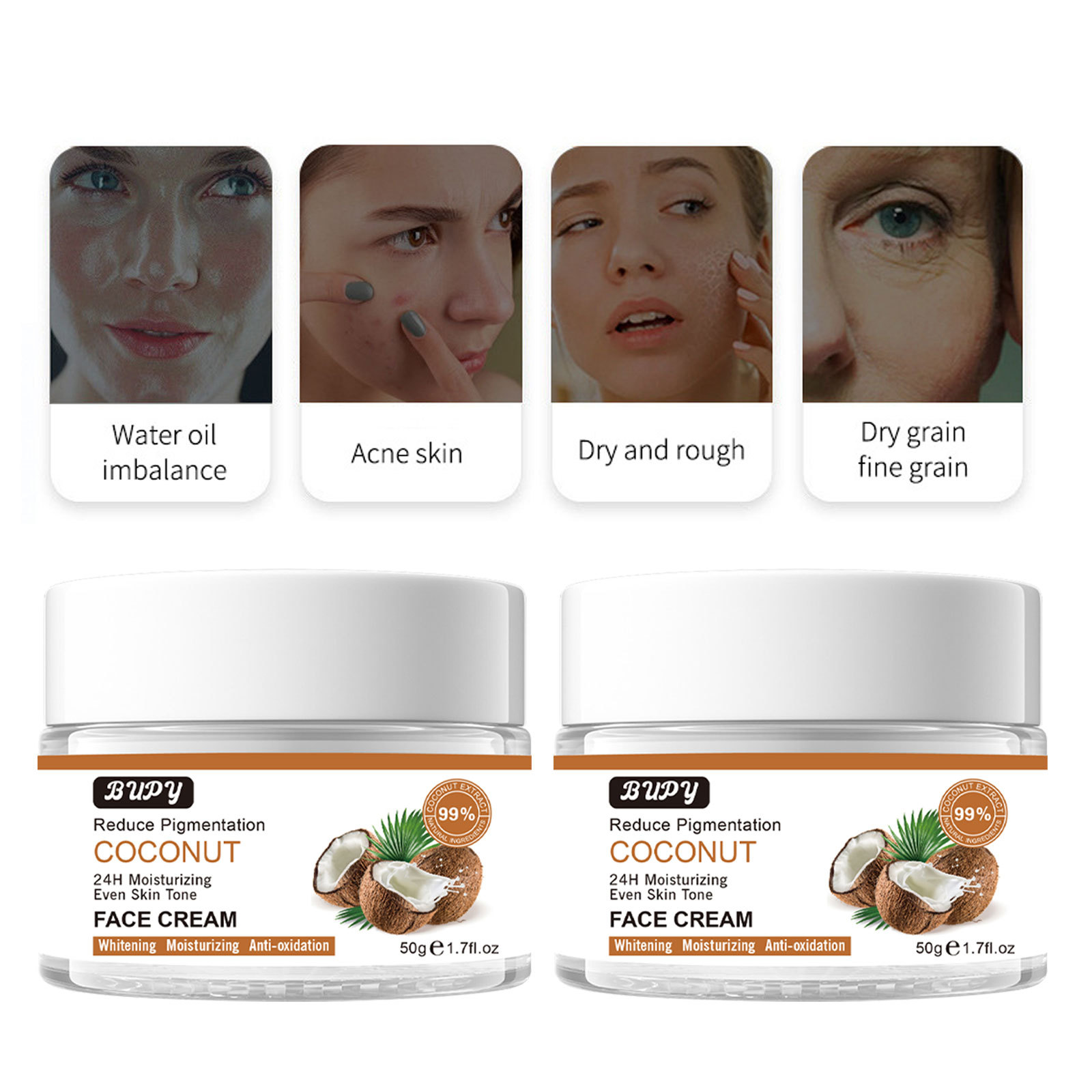 La crème raffermissante à la noix de coco pour le visage BUPY répare blanchit la peau, réduit les ridules, prévient le vieillissement et hydrate le visage_voghion.com