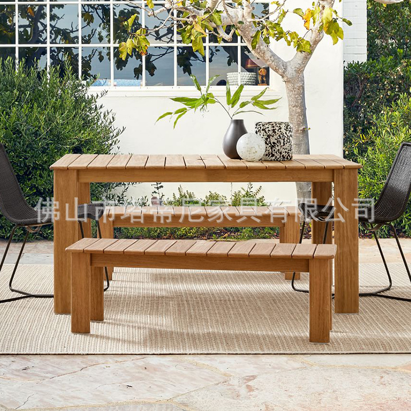 Mesas y sillas para exteriores, jardín con patio, conjunto de muebles de ratán impermeables y resistentes al sol, terraza de villa, banco largo de madera maciza.