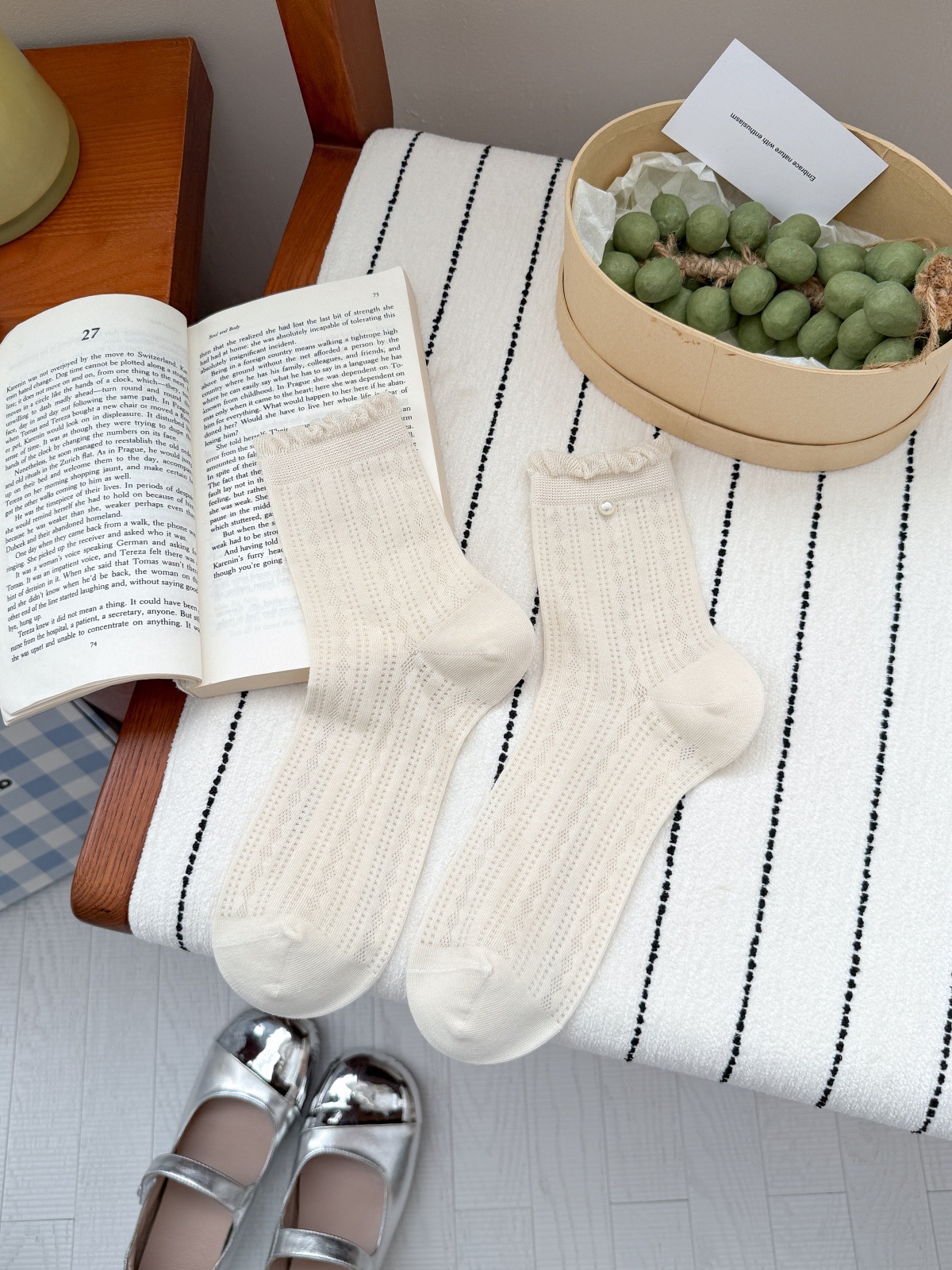 Vintage Coquette Pointelle Mesh Pearl Trim Ruffle Crew Socks Detail View 1