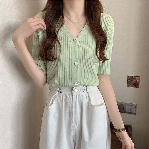 Summer Ice Silk Short Sleeve Cardigan Solid Color V-neck Outerwear Unique Design Thin Top for Layering Air Conditioner Shirt Dropshipping