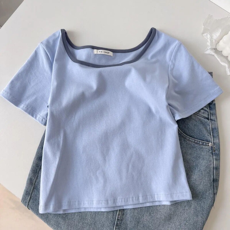 Discount 2025 Spring and Summer French Square Collar ~ Short Pure Color T-Shirt for Women, Slim Fit, Slimming Look Top, Short Sleeves for Small People